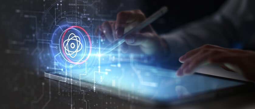 Quantum Computing and Atomic Energy Symbol Illustrated on Futuristic Digital Interface.
