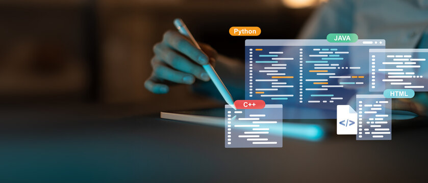 Programming Languages and Software Development Interface Concept with Python, Java, C++, and HTML.
