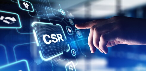 CSR Corporate Social Responsibility Promoting Ethical Practices and Community Engagement, projection on a virtual screen, Business and Technology Concept.