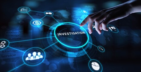 Investigation Analyzing and Uncovering Facts, projection on a virtual screen, Business and Technology Concept.