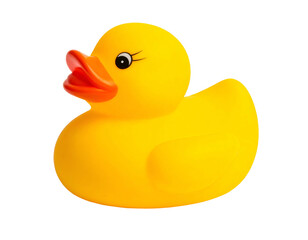 Bright yellow bath toy duck with orange beak and black eyes