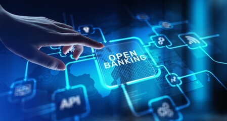 Open Banking Enabling Secure Financial Transactions and Data Sharing, projection on a virtual screen, Business and Technology Concept.