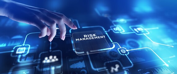 Risk Management Identifying and Mitigating Business Risks, projection on a virtual screen, Business and Technology Concept.