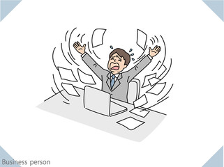 困ってしまって書類を投げ出すビジネスマン、デスクワーク中のビジネスマンのイラスト