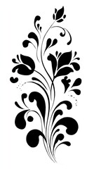 Abstract black and white floral design with ornamental leaves and swirls