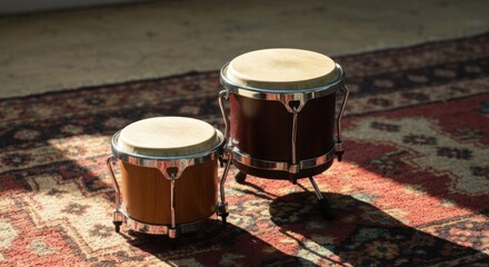 Two small, wooden conga drums sit on a patterned rug, catching sunlight