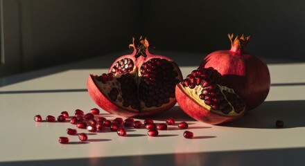 Two halved pomegranates, seeds scattered, bright light