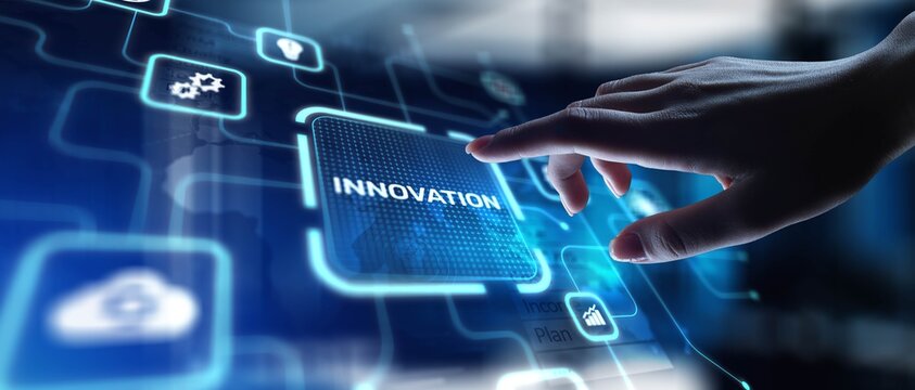 Innovation Driving Business Growth and Technological Advancement, projection on a virtual screen, Business and Technology Concept.