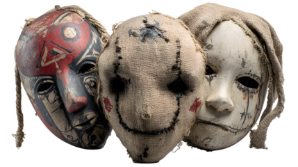 Terrifying trio of handmade masks evokes horror, suspense, and thrilling mystery for Halloween events, haunted houses, and spooky theatrical performances