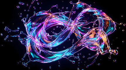 vibrant abstract artwork featuring two intertwined streams of neon liquid splashes, glowing with vivid hues of purple, blue, cyan, and orange.