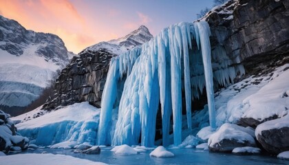 Majestic ice formations cascading down rocky cliffs at sunset in the mountains Generative AI