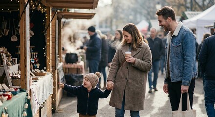Happy Family Walking at an Outdoor Market with Child Pointing