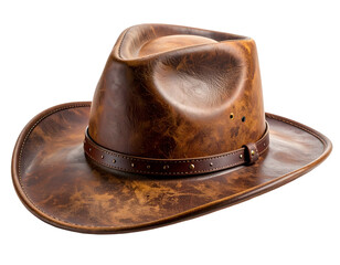 Close-up of a rustic brown leather cowboy hat with a studded band