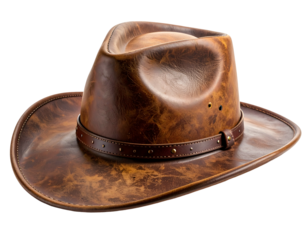Close-up of a rustic brown leather cowboy hat with a studded band