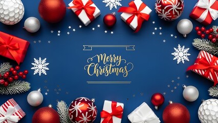 An elegant 'Merry Christmas' greeting card design. A top-down, flat lay of red and white decorations and wrapped gifts arranged artfully on a deep royal blue background. The composition is balanced an