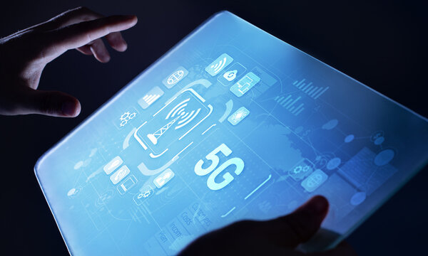 5G Fifth generation of mobile internet. Fast connection. Telecommunication concept on virtual screen.