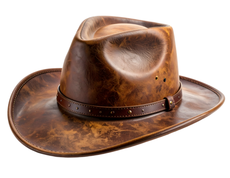 Close-up of a rustic brown leather cowboy hat with a studded band