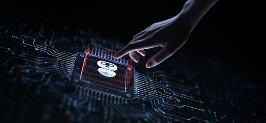 Chat Bot Automating Customer Interactions Illustrated on a Processor Touched by a Human Hand.