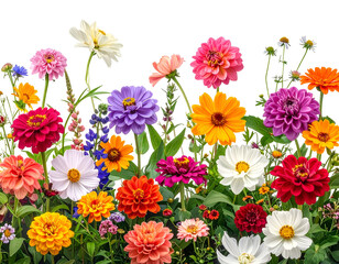 Close-up of many colorful, diverse flowers against a black background