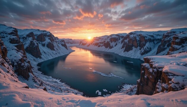 Sunset over a snowy canyon with river surrounded by mountains Generative AI