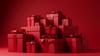 Stack of red gift boxes with ribbons on a red background.