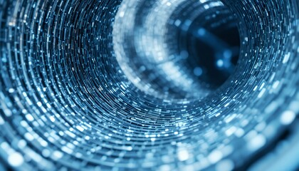 Abstract tunnel of glowing blue digital data blocks creating futuristic technology concept