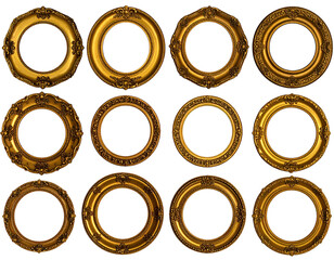Collection of twelve ornate golden empty circular frames on black