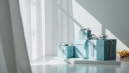 Several light blue gift boxes with silver ribbons stacked on a white surface.