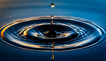 Macro Photography Water Drop Impact and Ripples with Orange and Blue Reflections, Liquid Dynamics and Splash.