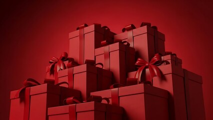 A dramatic, monochromatic pile of red wrapped gift boxes with ribbons stacked high against a matching red background.