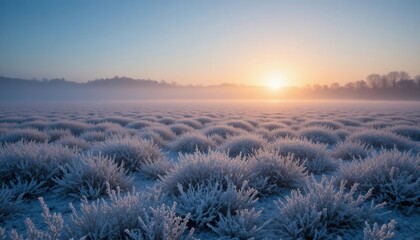 Frost-covered landscape at dawn with a serene glow in the background Generative AI