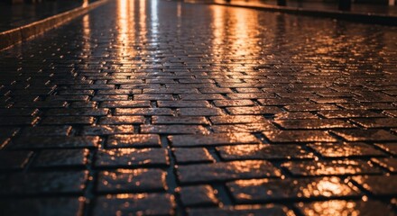 Wet cobblestone pavement reflecting city lights at night