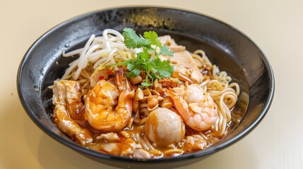 Seafood Satay Noodles: Shrimp, Clams & Fish Balls in Creamy Peanut Sauce on Black Plate