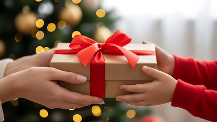 Close-up of an adult's hands giving a wrapped Christmas gift with a red ribbon to a child's hands, with a blurred festive tree in the background.