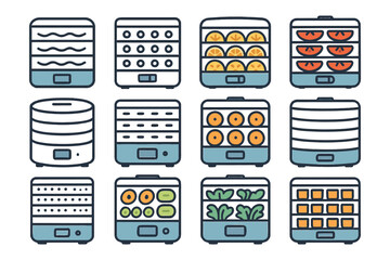 Collection of food dehydrators with fruits and vegetables in various trays.