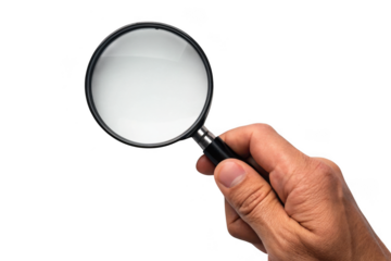Hand holding magnifying glass isolated on transparent background