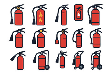 Fototapeta premium Various fire extinguisher icons collection in red and black designs.