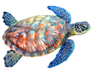 Colorful watercolor sea turtle swimming against black background
