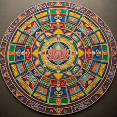  Decorative mandala pattern made with colored powder.