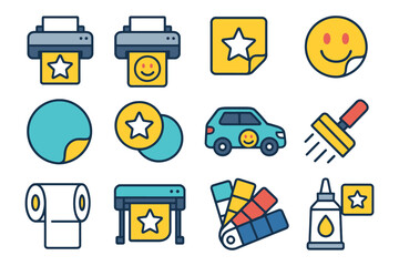Colorful printing and design elements with smiley faces and stars.