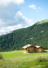 Small rustic wooden mountain cabin in green meadow overlooking a spruce forest in summer in Val Gardena, South Tyrol in the Italian Dolomites on a sunny summer day