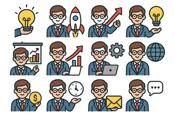 Fototapeta premium Caucasian male business icons: creativity, strategy, communication, innovation, productivity.