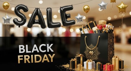 Celebratory shopping promotion features foil balloons and numerous gift packages inside and around a decorative dark bag