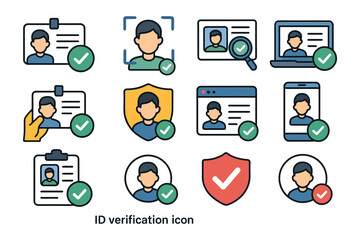 Identity verification icons featuring profile, id card, shield, and checkmark symbols.