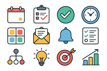Colorful business icon set including calendar, checklist, checkmark, clock, and notification bell.