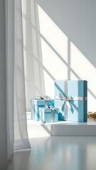 Elegant light blue gift boxes with silver ribbons sitting in bright sunlight by a window.