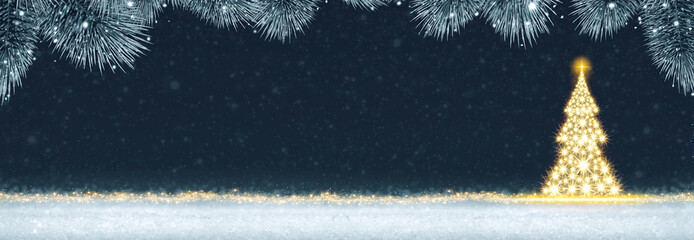 Golden Christmas tree with lights on white snow.