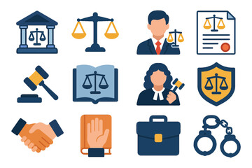 Legal symbols: justice scales, documents, gavel, handcuffs, lawyer.