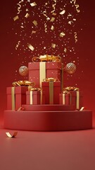 Elegant red gift boxes with golden ribbons stacked on a circular podium, surrounded by falling gold confetti on a festive red background.