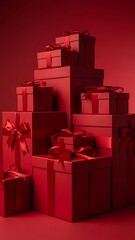 A towering stack of red gift boxes tied with ribbons, creating a festive and monochromatic display.
